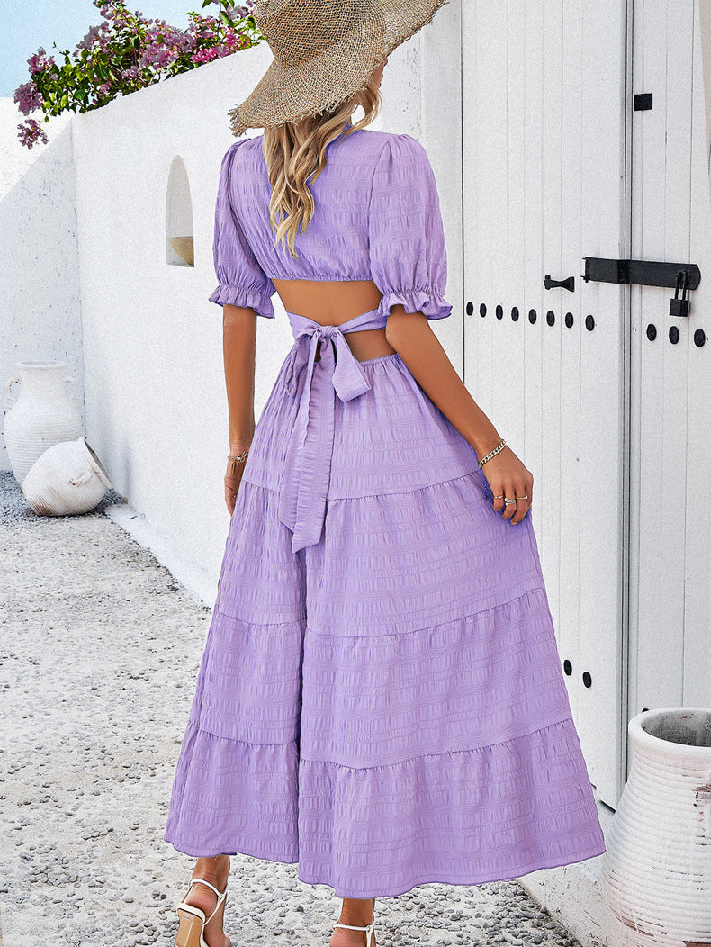 Purple V-Neck Tie Waist Layered Dress