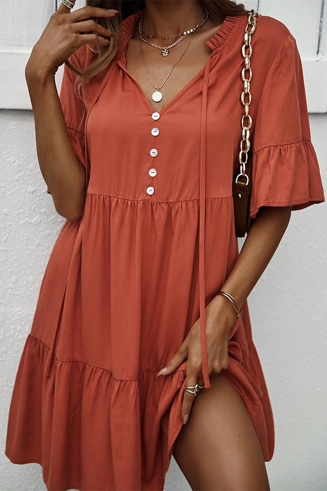 Sexy Frill V-Neck Drawstring Tie Smock Dress