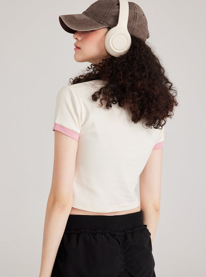 Pink Round Collar Short-Sleeved Sexy Top