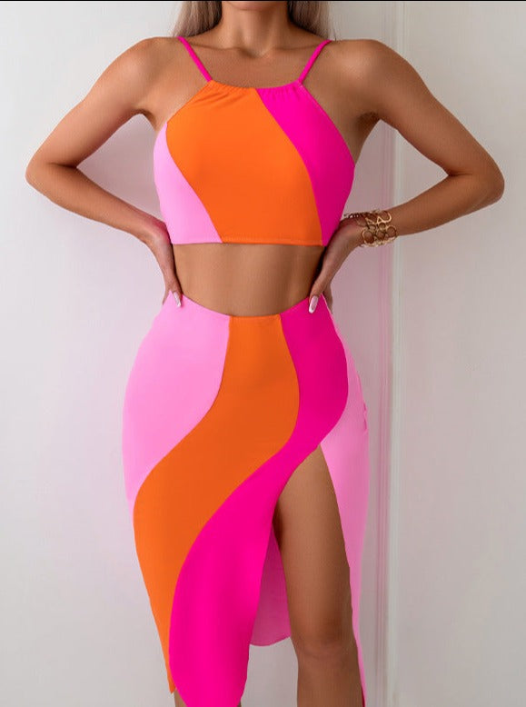 3 Piece Tri-Colored Padded Monokini with Skirt Beachwear Set