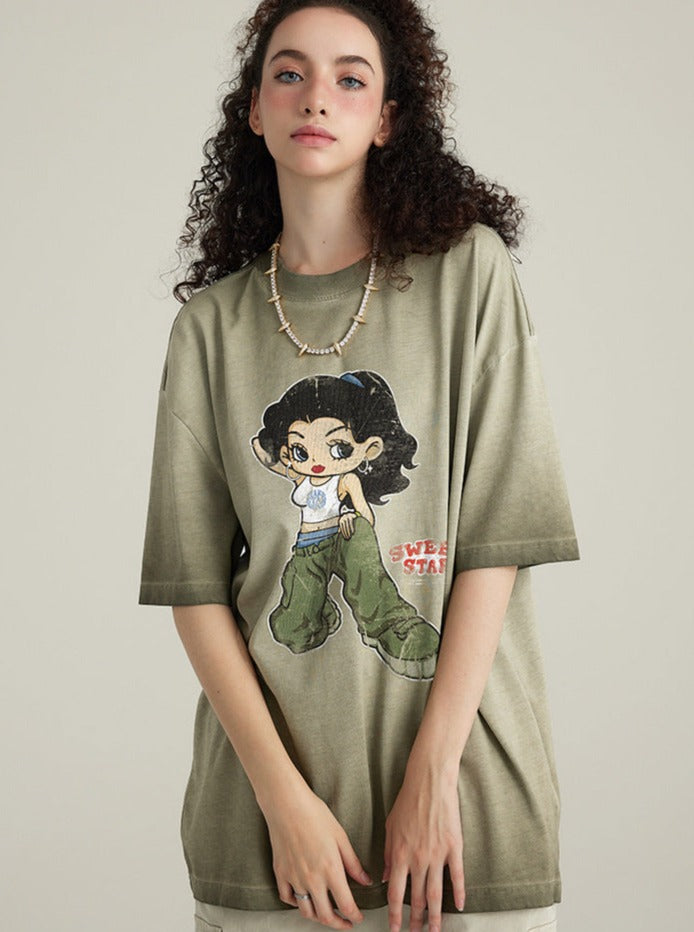 Khaki Ombre Afslappet tegneseriepige skjorte med tryk 