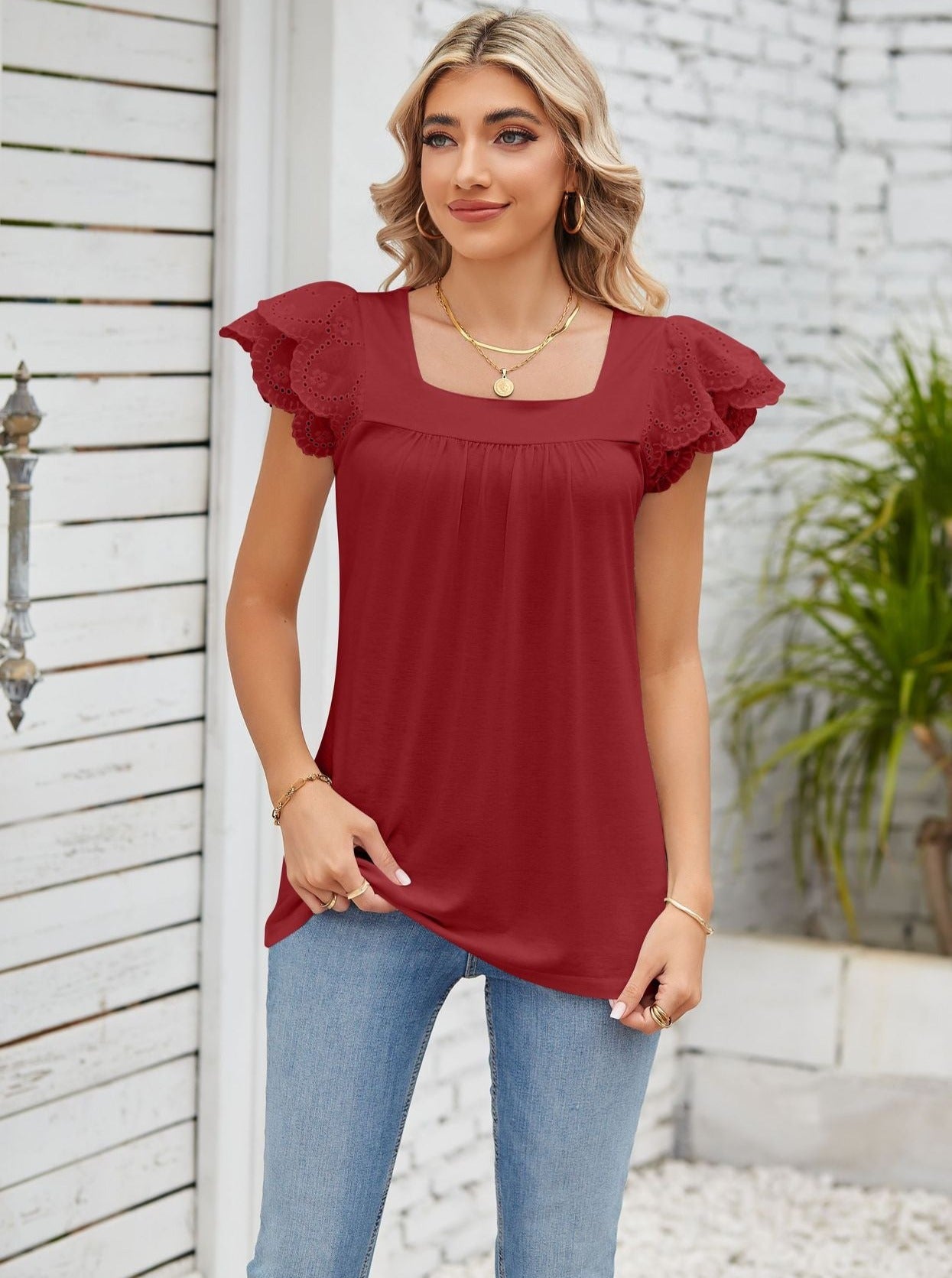 Red Lace Stitching Square Collar Petal Short-Sleeved Shirt