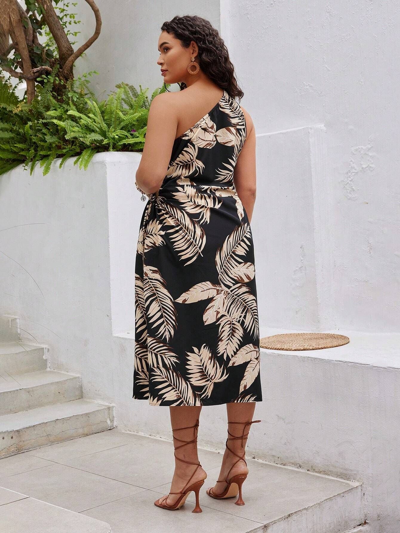 Plus Size One Shoulder Tropical Printed Dress