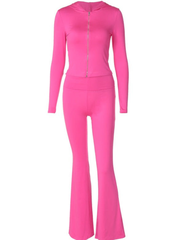 Pink 2-delt Crop Top lynlåsjakke og flared bukser sæt 