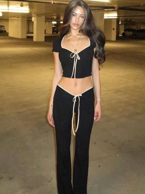 Black Drawstring Crop Top and Pants Set