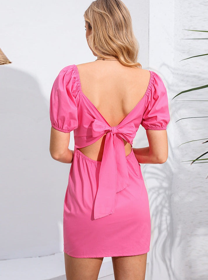 Pink firkantet hals med puffede ærmer strop kjole 
