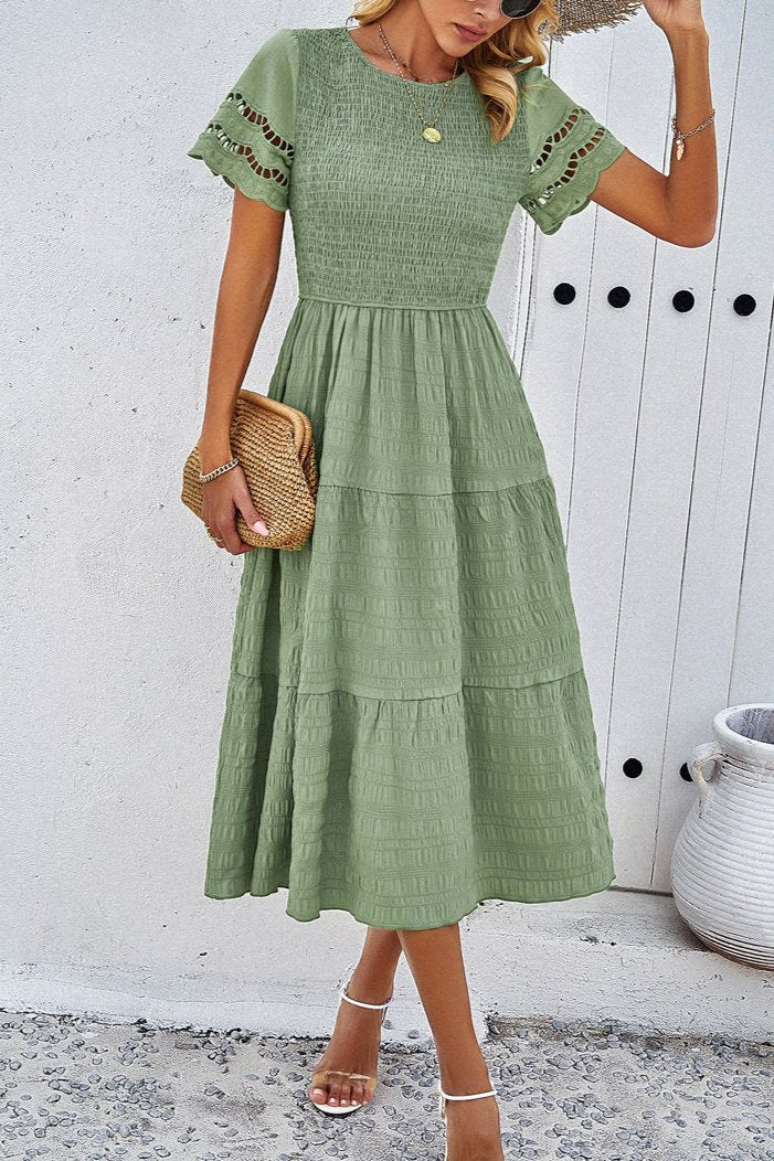 Casual Solid Crochet Lace Sleeve A-Line Midi Dress