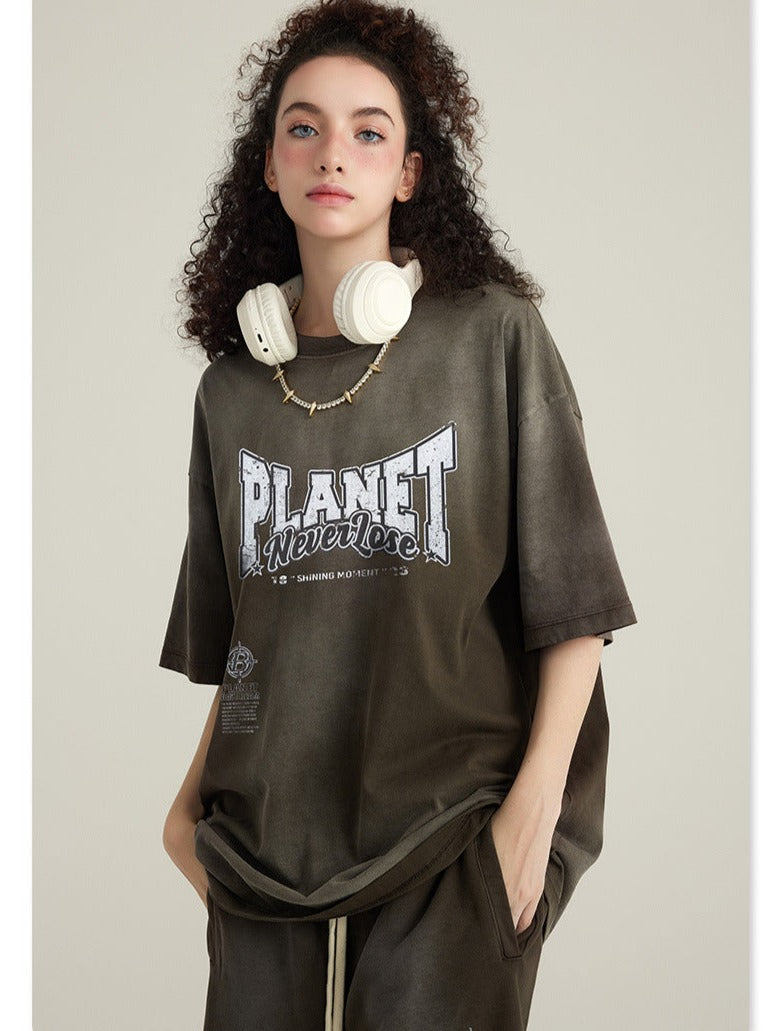 Spring Gray Basic Planet Printed Oversized Shirt