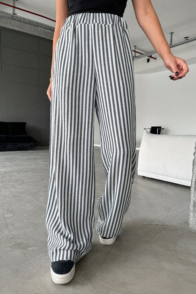 Casual Stripes High Waist Loose Straight Elastic Trousers