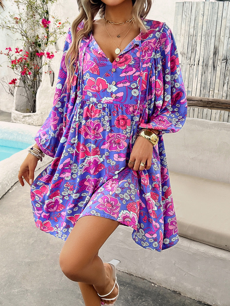 Purple Leisure Printed Long-Sleeved Dress