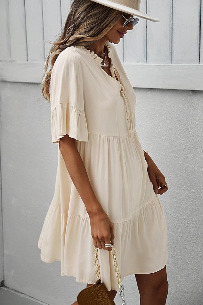 Sexy Frill V-Neck Drawstring Tie Smock Dress