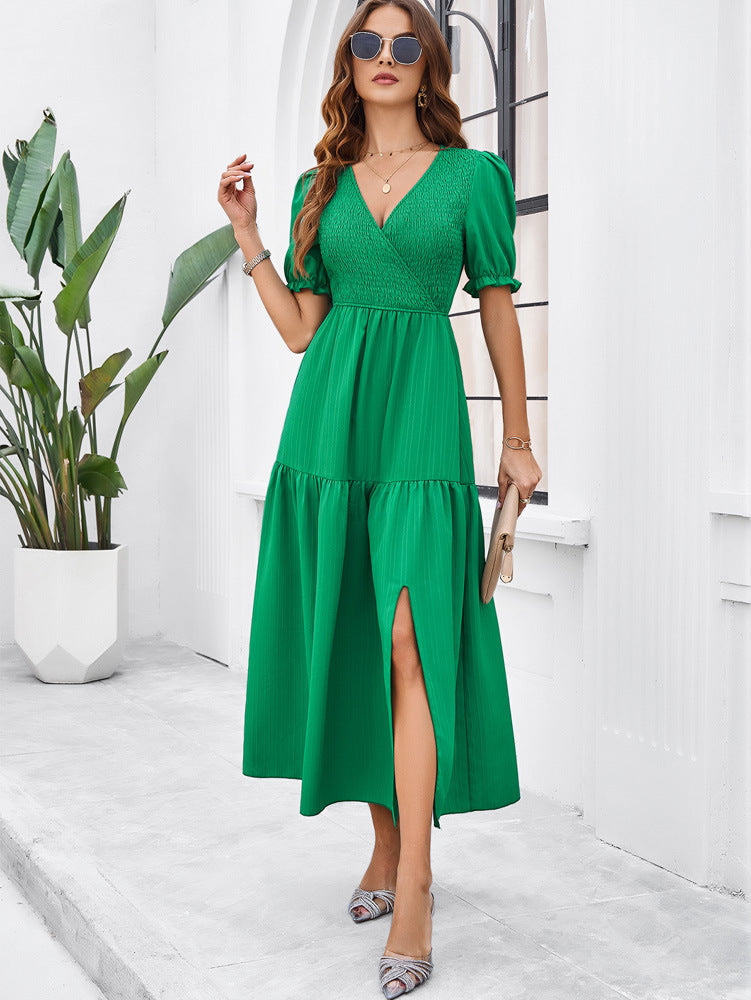 V-Neck Short Sleeved Long Dress