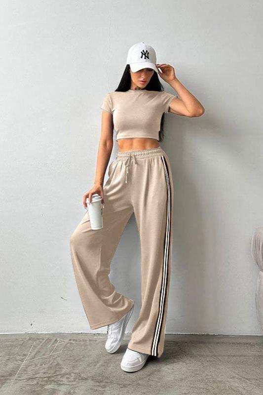 Casual Two Piece Crop Top and High Waist Pants Set