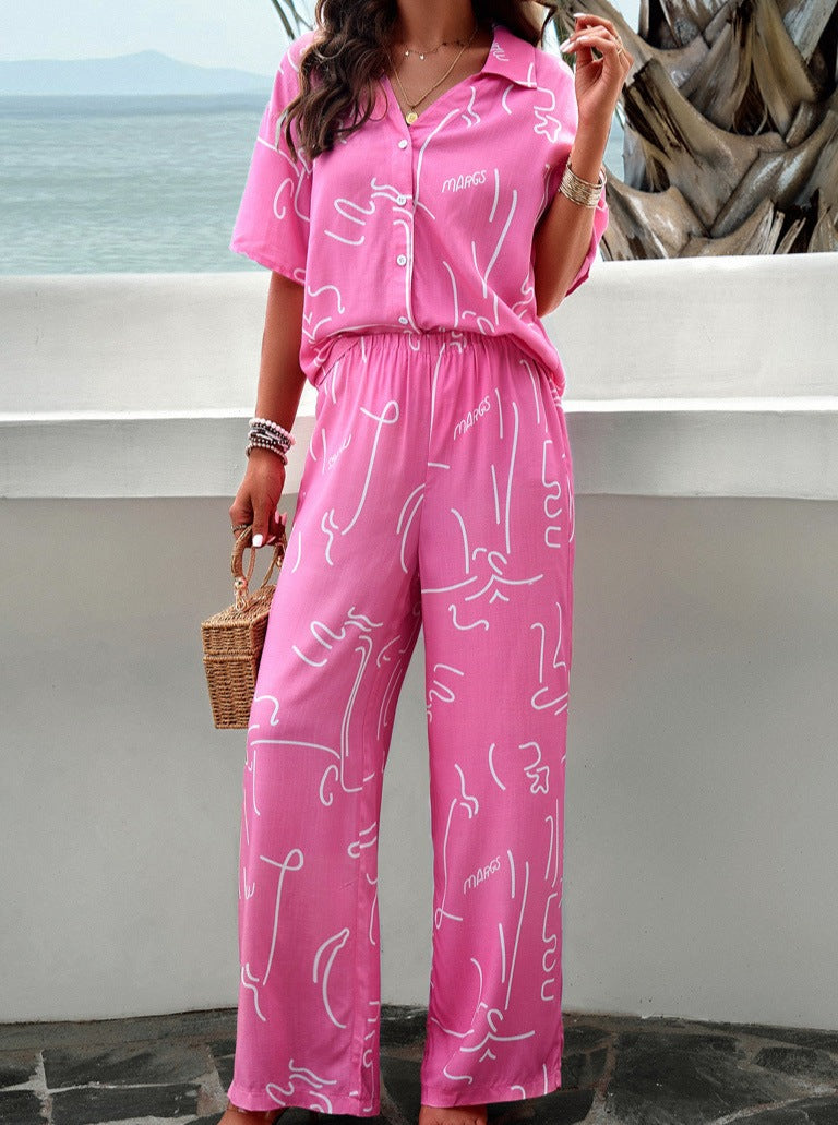 Pink Temperament Printed Short-Sleeved Suit