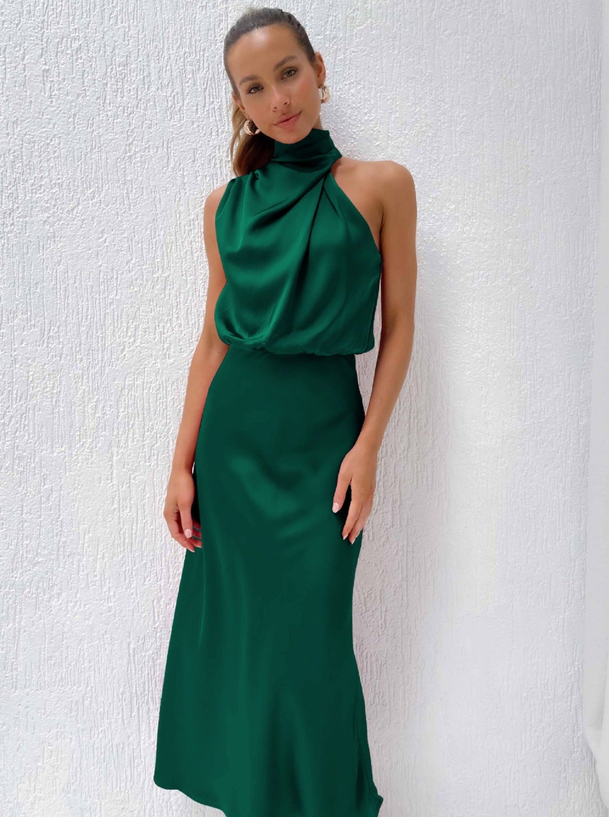 Elegant Deep Green Halter Neck Dress