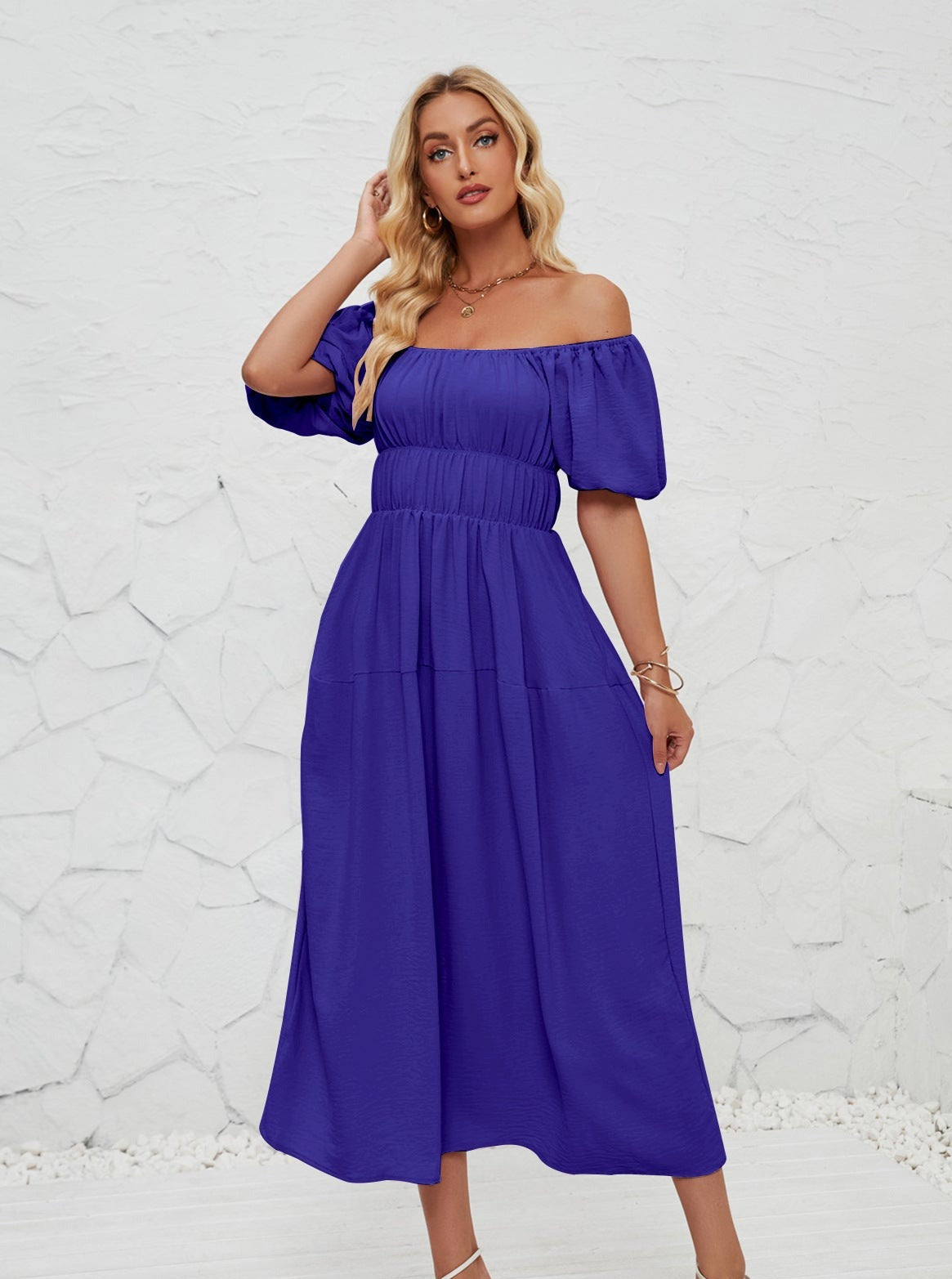 Summer Casual Off Shoulder Bubble Sleeve Pleated Dress