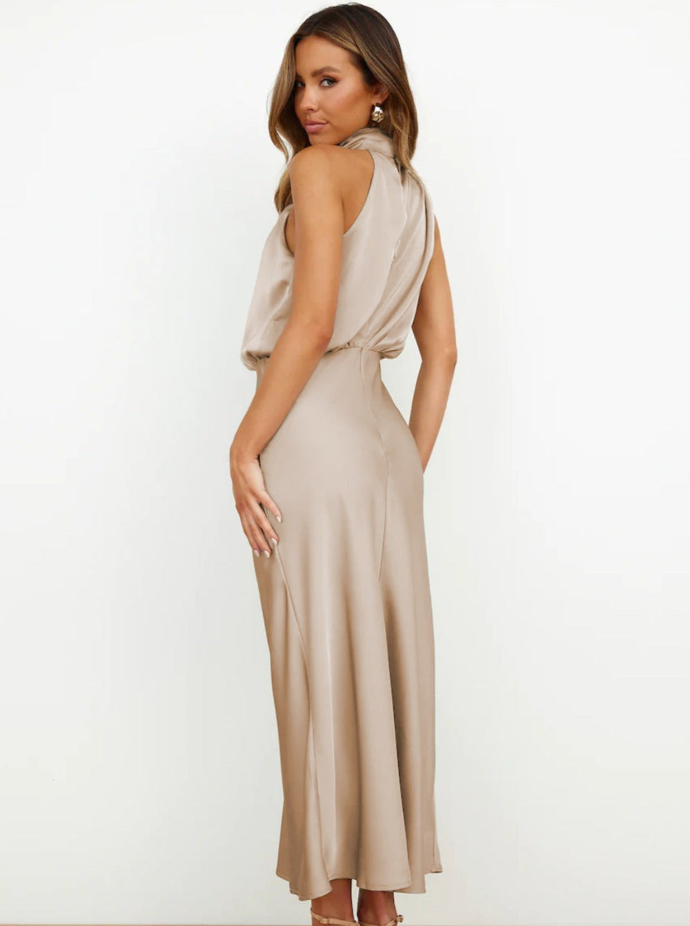 Elegant Apricot Halter Neck Dress