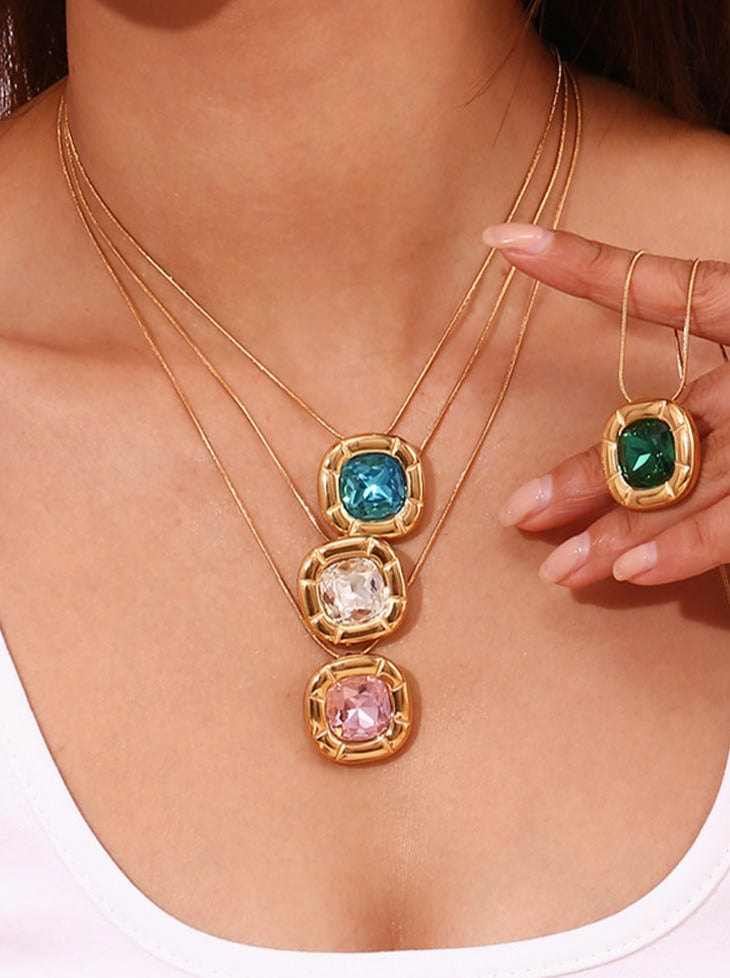18K Gold Plated Rounded Square Flower Zircon Necklace