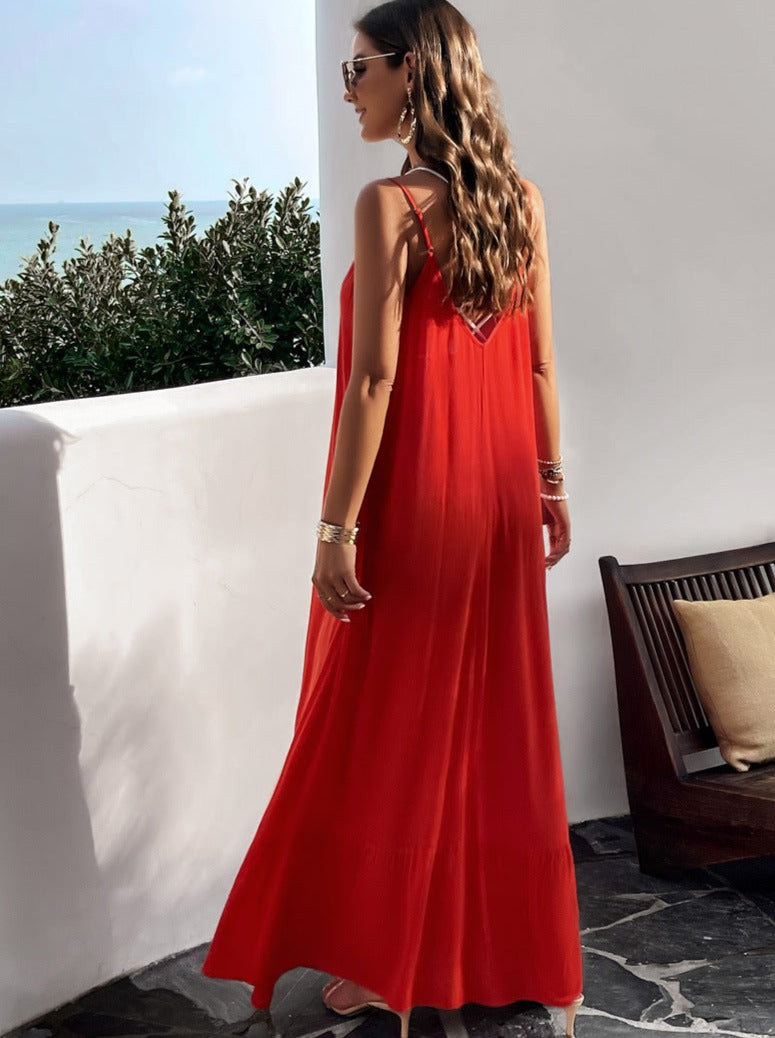 Red Casual Solid Color Suspender Maxi Dress