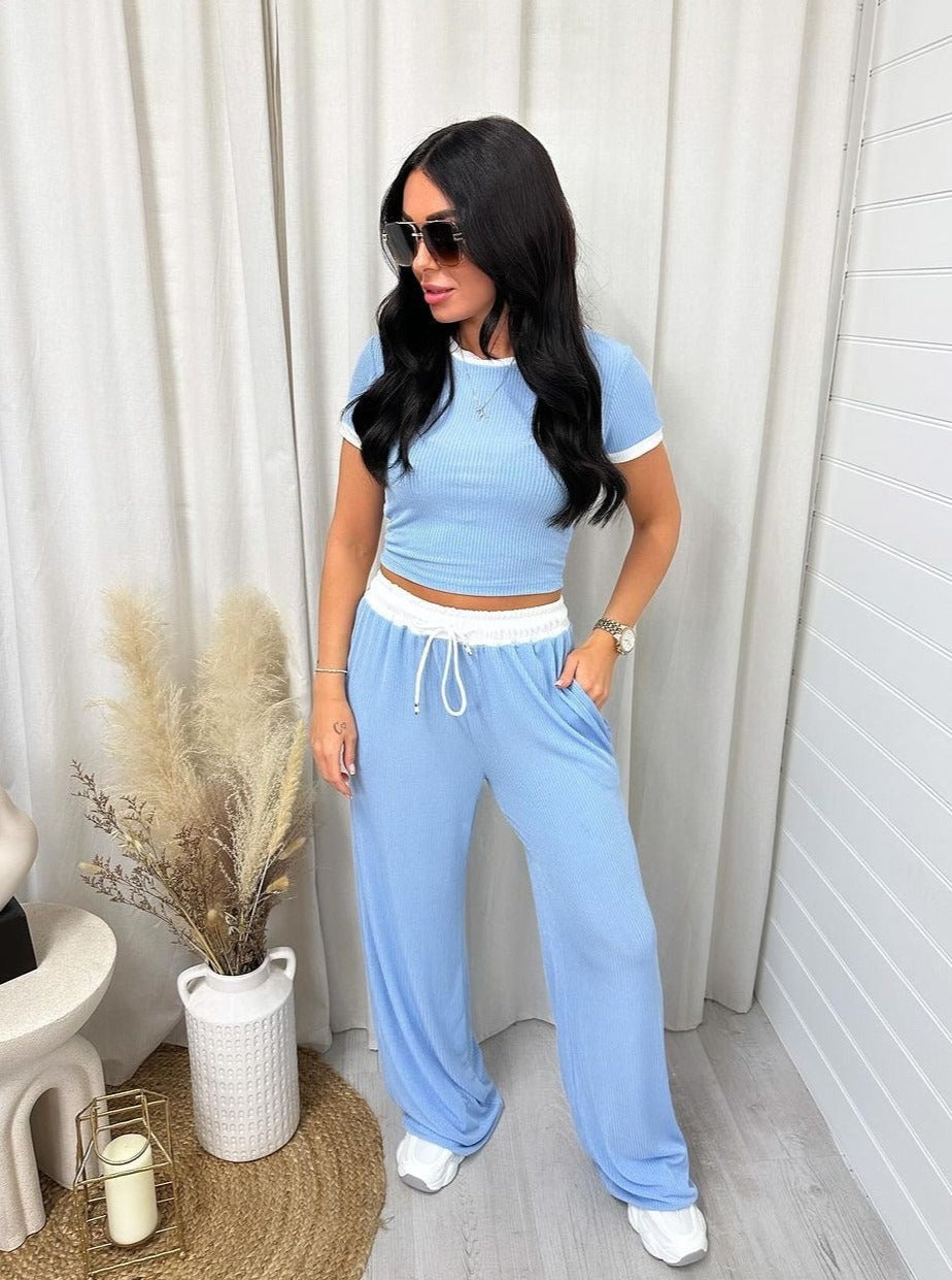 Casual Blue Two Piece Round Neck Short Sleeve Tops Wide Leg Pants Set