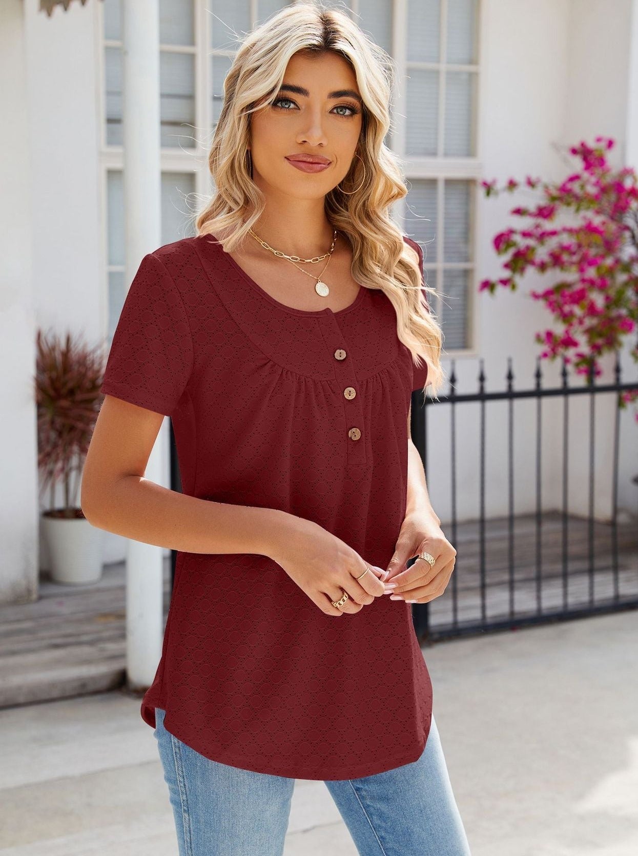 Wine Red Round Neck Button Loose Short Sleeve T-Shirt