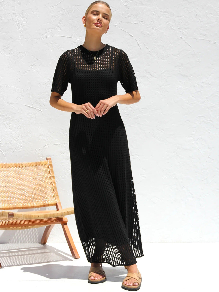 Black Casual Round Neck Short Sleeve Hollow Mid-Length Dress