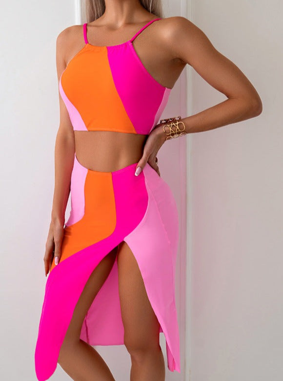 3-delt tri-farvet polstret Monokini med nederdel Beachwear sæt 
