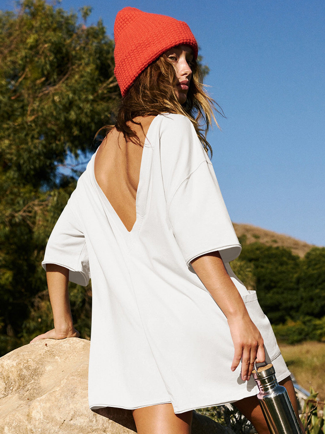 White Short Sleeve Pocketed Backless Rompers