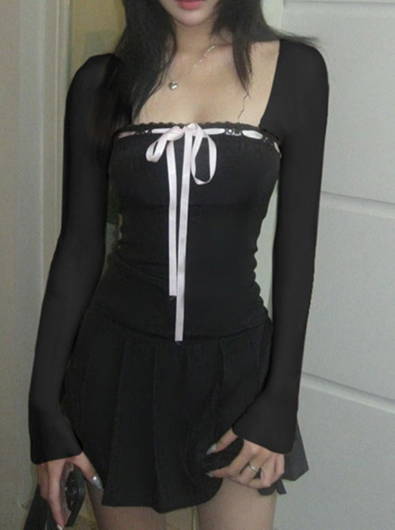 Black Square Collar Elegant A-line Dress
