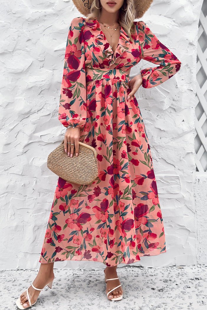 Long Sleeve Deep V-Neck Floral Maxi Dress