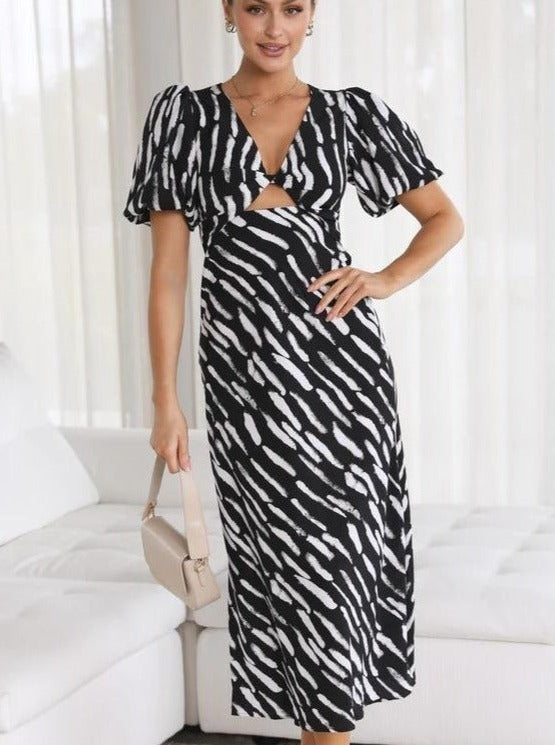 Elegant Hollow Front Stripe Print Dress