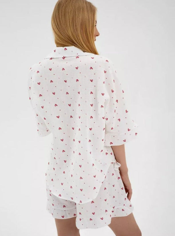 Two Piece Ruffled Heart Printed White Short Sleeve Shorts Suit