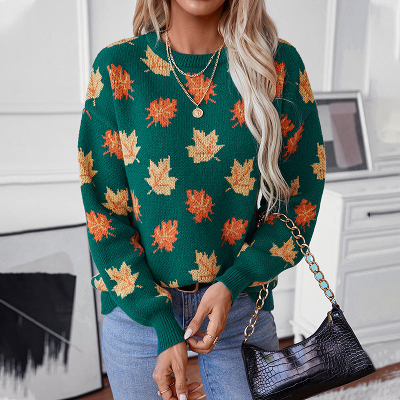 Maple Leaf Printed Long Sleeve Knitted Sweatshirt