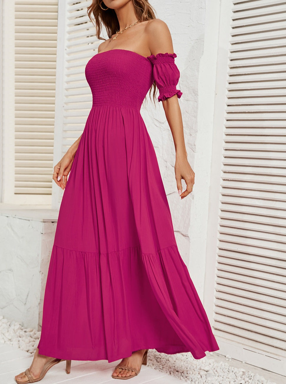 Off Shoulder Bell Sleeve Solid Color Maxi Dress