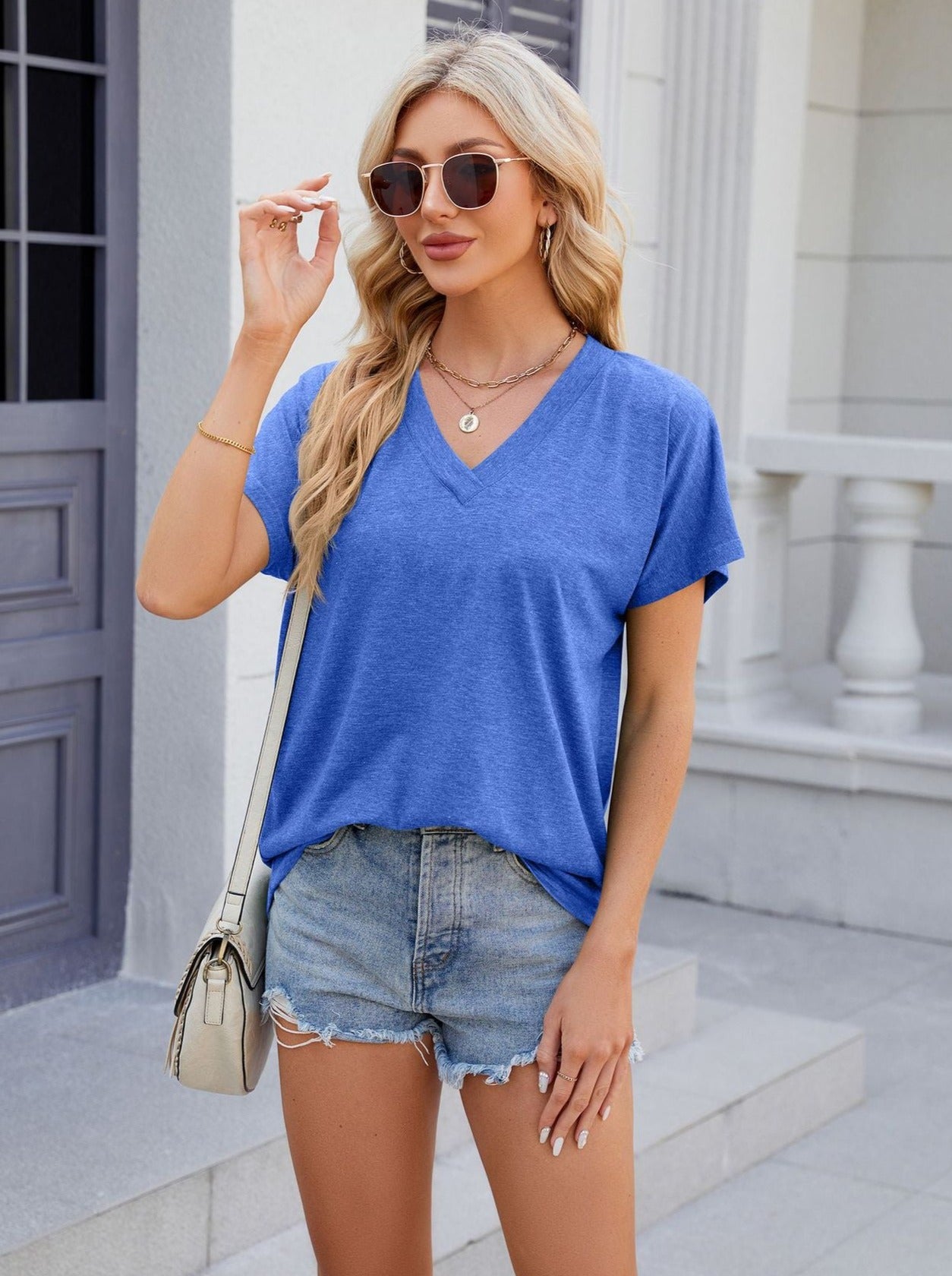 Blue V-Neck Loose Short Sleeve T-Shirt