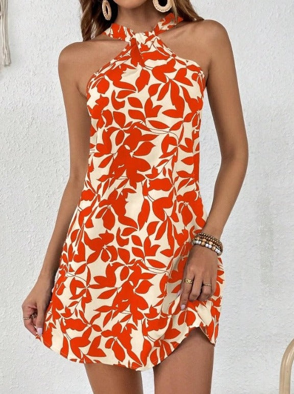 Tropical Print Halter Neck Sexy Dress