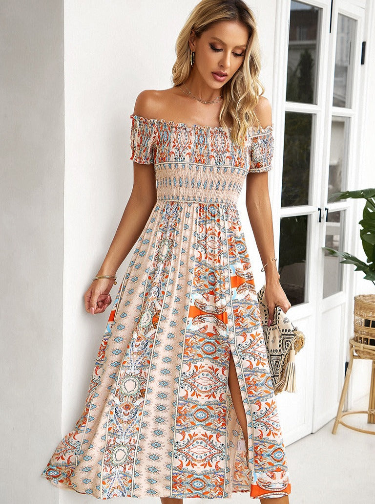 White Off Shoulder Bohemian Printed Dress