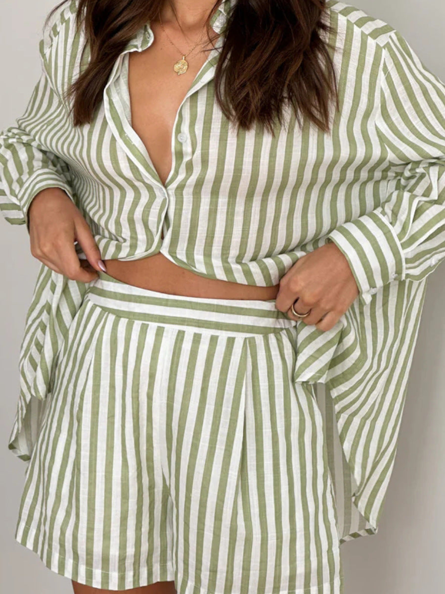 Two Piece Women's Polo Collar Striped Thin Suit