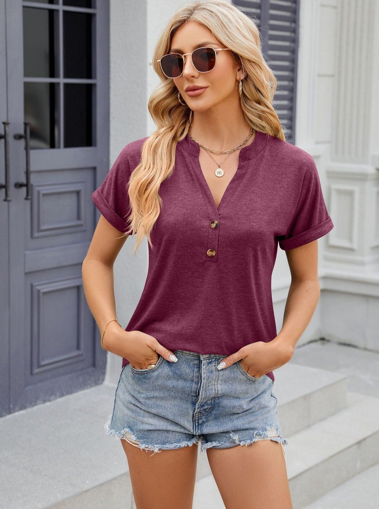 Purple V-Neck Button Loose Short-Sleeved Shirt Tops