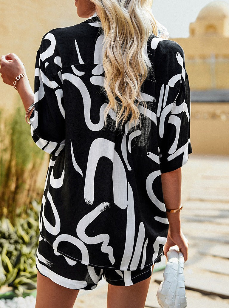 Two Piece Oval Geometric Printed Black and White Shorts Set