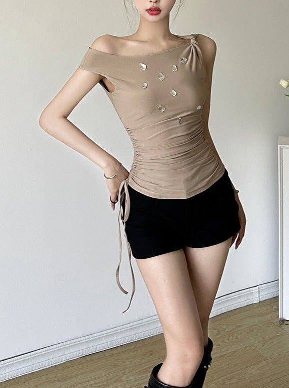 Solid Color Slim Pleated Sleeveless Tops