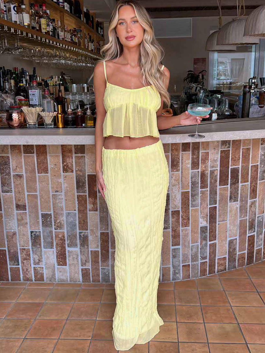 Two Piece Yellow Sleeveless Top and Long Skirt Set