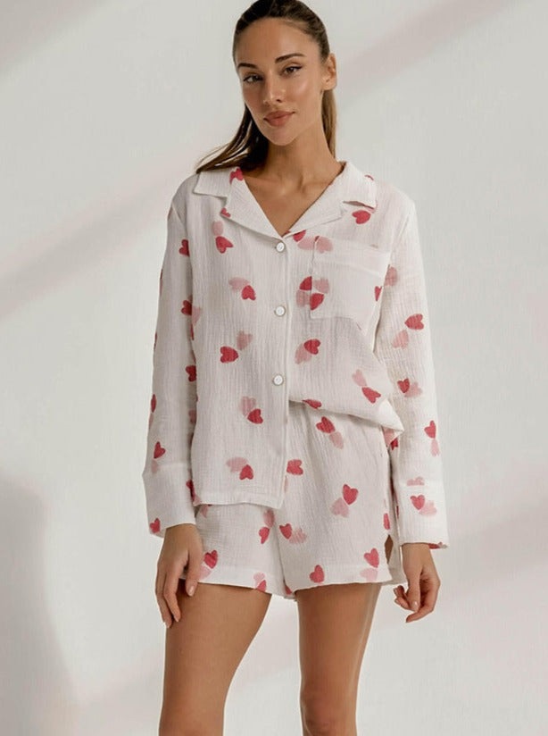 Two Piece Heart Print Long Sleeve Suit