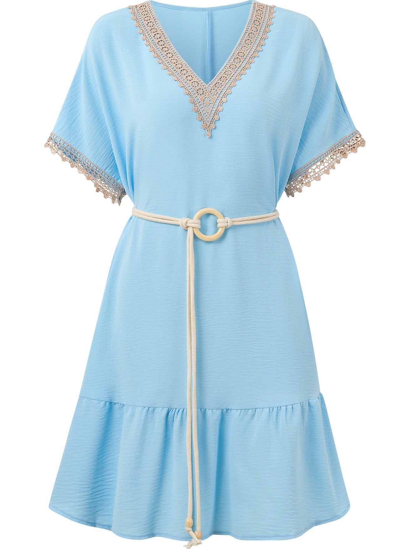 Elegant V-Neck Lace Belt Waist Mini Dress