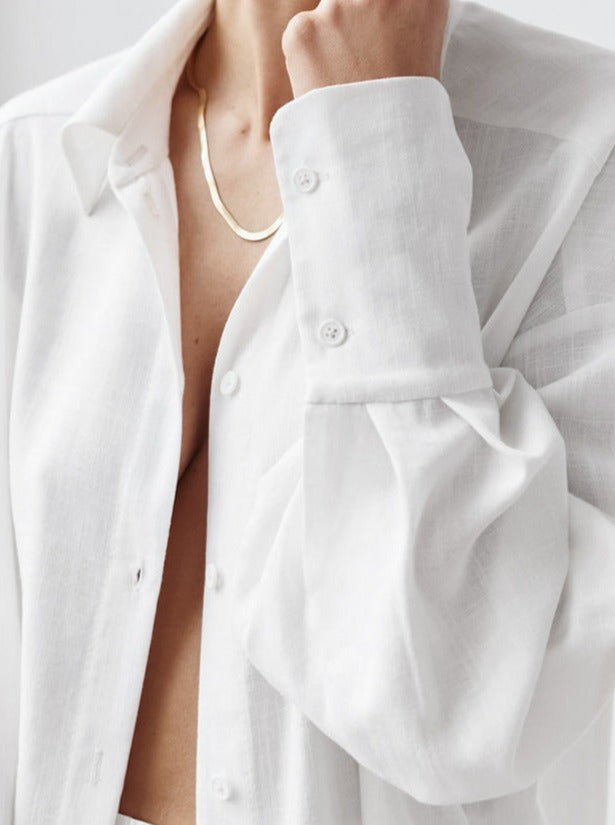 Simple White Collared Long-Sleeved And Short Set