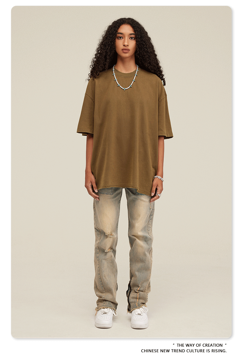 Fashionable Brown Distressed Gradient Short-Sleeved Shirt