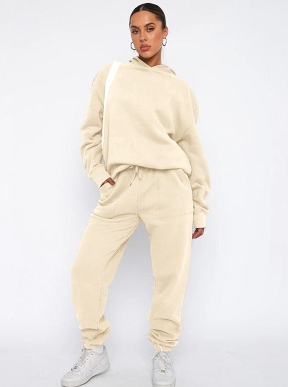 Casual Apricot Hooded Long Sleeve Sweater and Trousers Set
