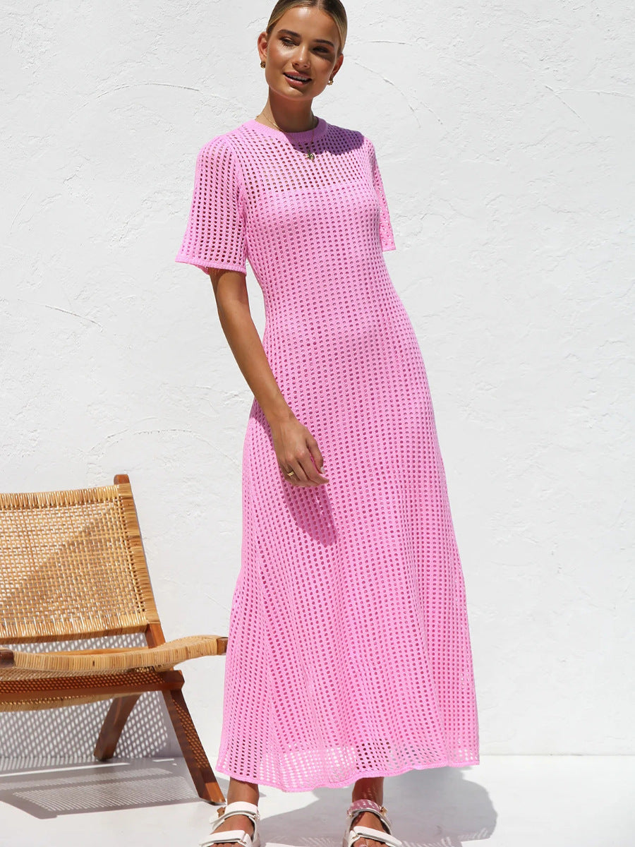Pink Casual Round Neck Short Sleeve Hollow Mid-Length Dress
