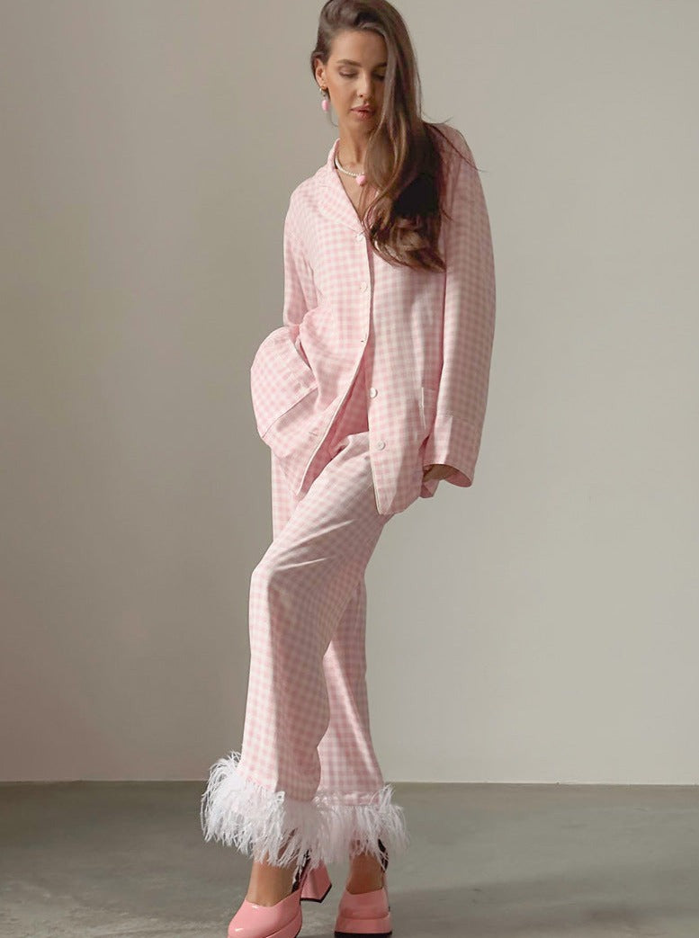 Pink Plaid Loungewear Langærmet nattøj i to dele 
