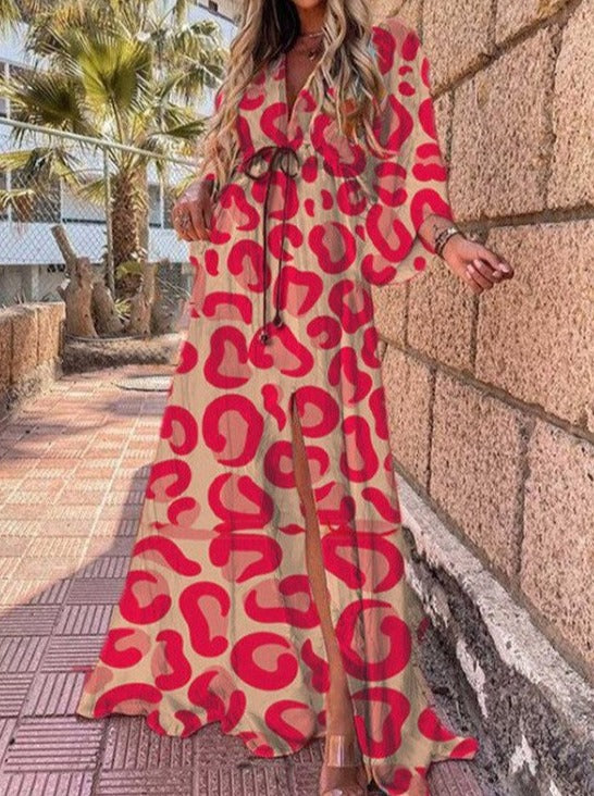 Red Printed V-Neck Lace-up Long Dress